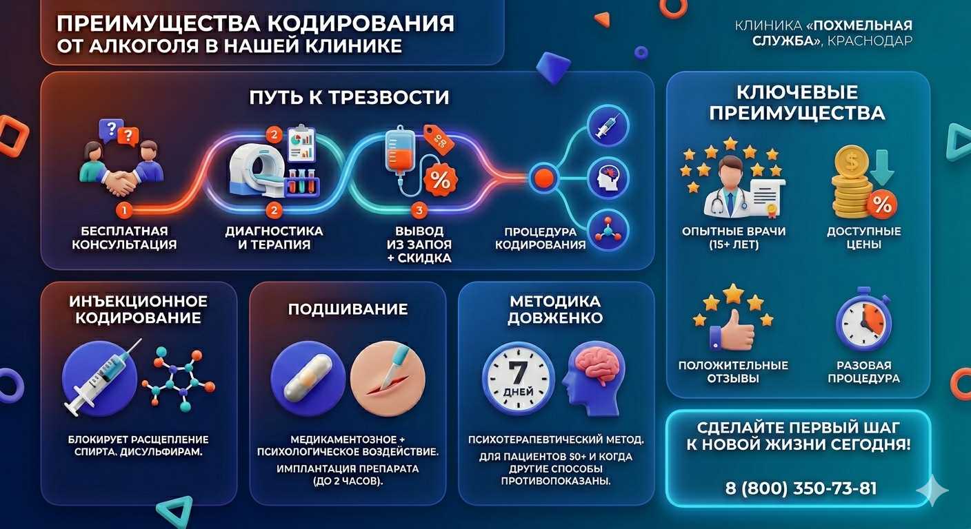 Инфографика о методах кодирования от алкоголя в Хазаре: инъекции, подшивание, метод Довженко. Преимущества клиники и этапы лечения.
