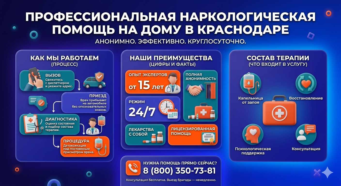 Инфографика о принципах лечения алкоголизма на дому в Хазаре: этапы вызова нарколога, преимущества анонимной детоксикации и состав медицинской помощи.